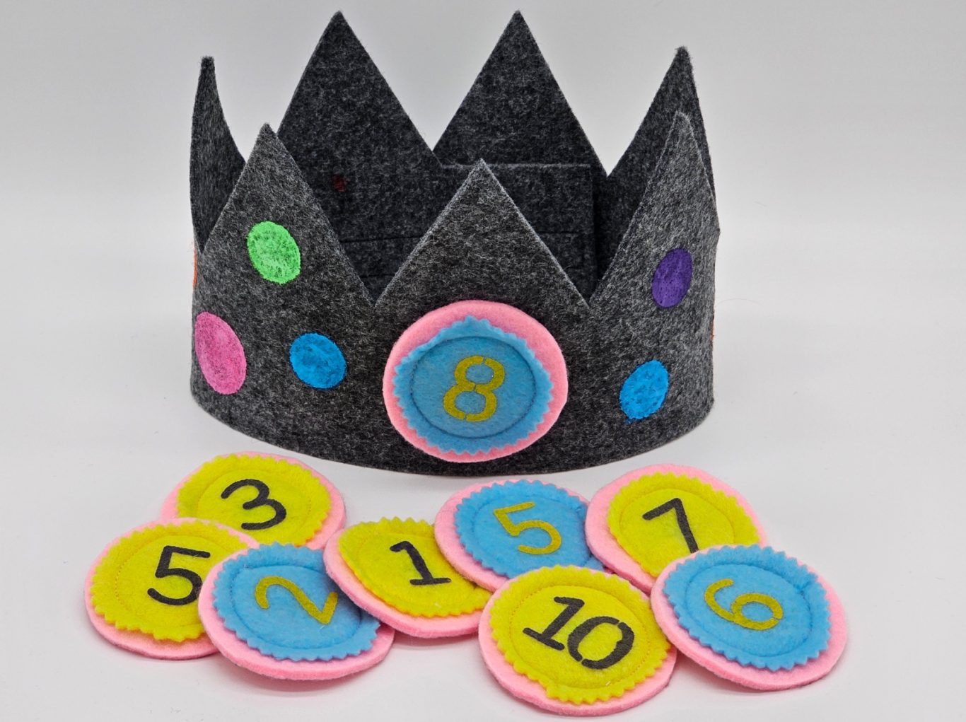 Geburtstagskrone Ein blauer Kinderkrone mit bunten Punkten und Zahlenplättchen von 1 bis 10.